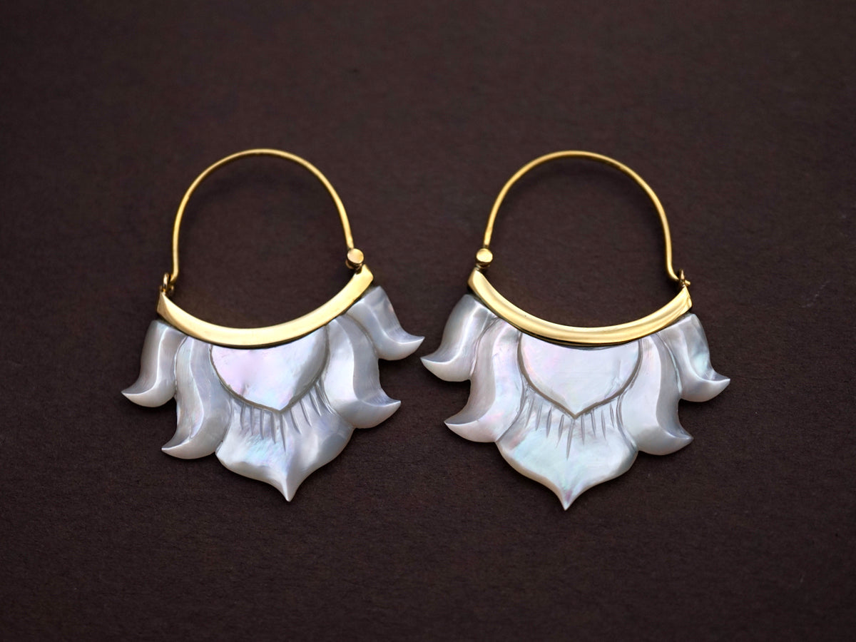 Lotus Flower Hoop Earrings  - Mother of Pearl set in Sterling Silver