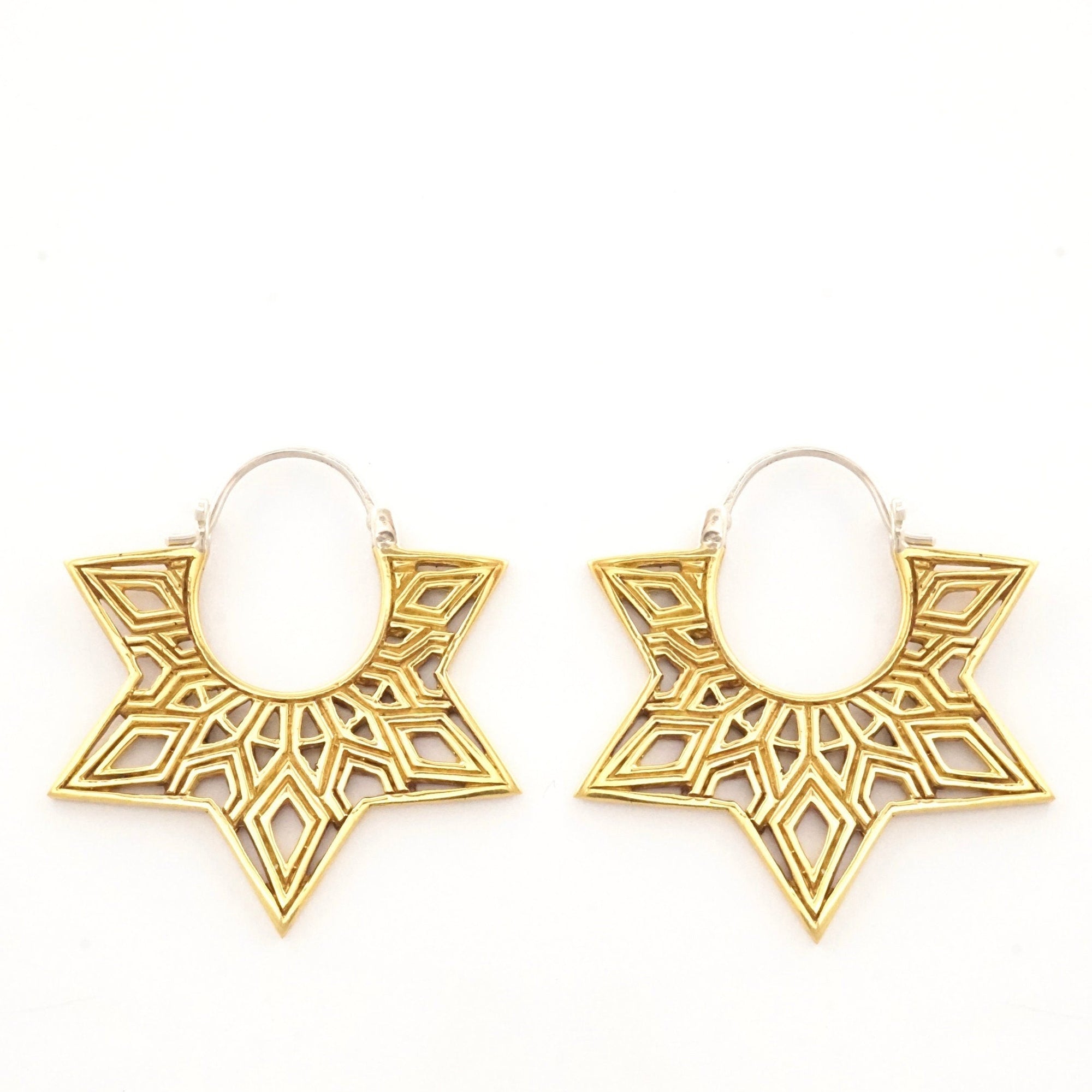 Mandala Statement Earrings - Medium Hoops - Gold Star Tunnel Earrings - Boho Hoops (244B)