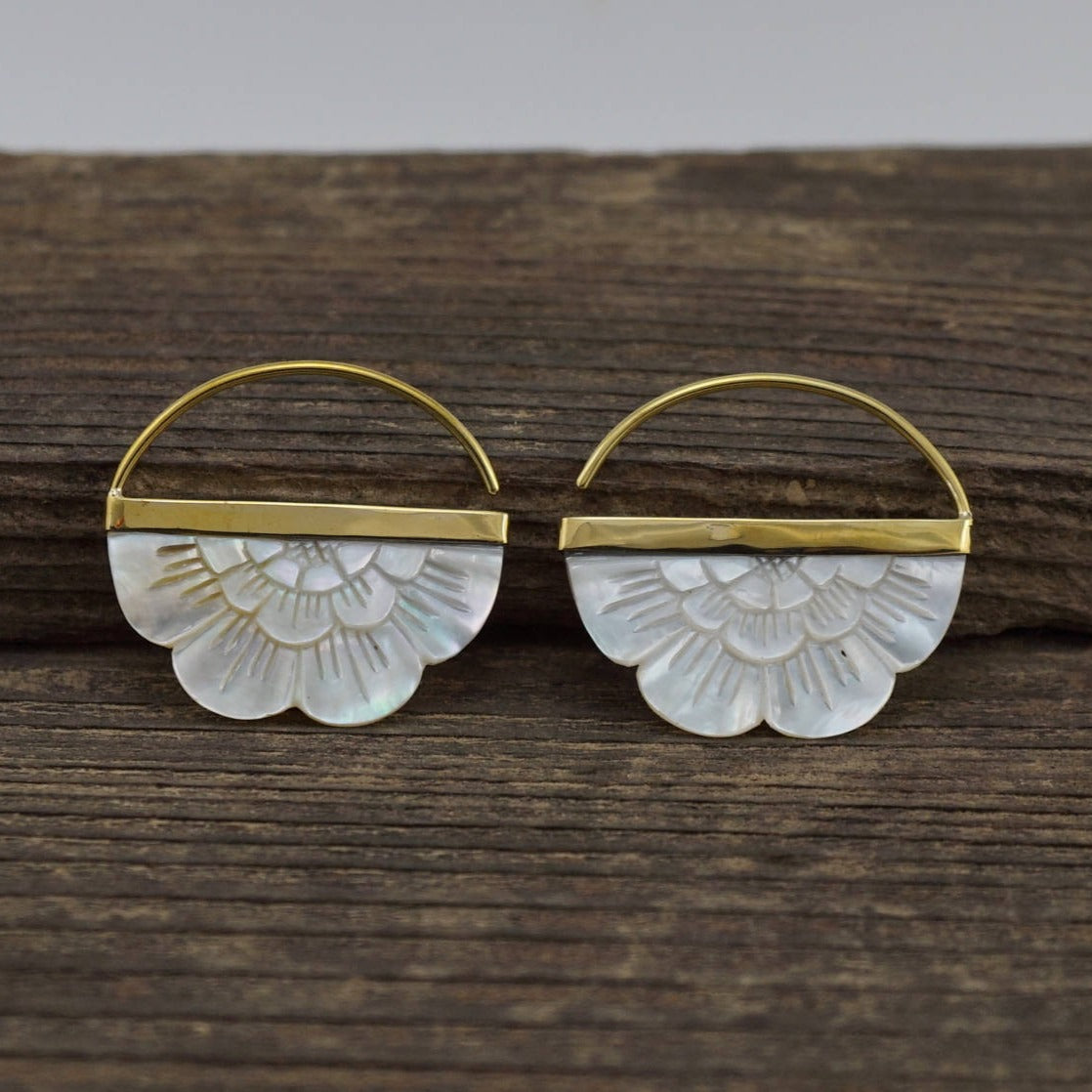Mother of Pearl Earrings -  Flower hoops with gold-tone bezel - for all standard piercings -  small rising sun (162B)