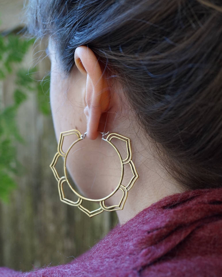 Large Brass Hoops - Mandala Earrings - Chakra Hoops - Flower Petal Earrings - Yogi Jewelry (190B)