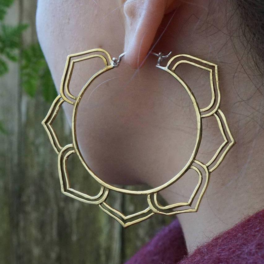 Large Brass Hoops - Mandala Earrings - Chakra Hoops - Flower Petal Earrings - Yogi Jewelry (190B)