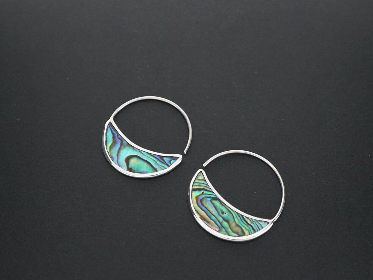 Abalone Crescent Moon Hoops Earrings with Sterling Silver bezel and Ear-wire. 2.5 cm diameter hoop.