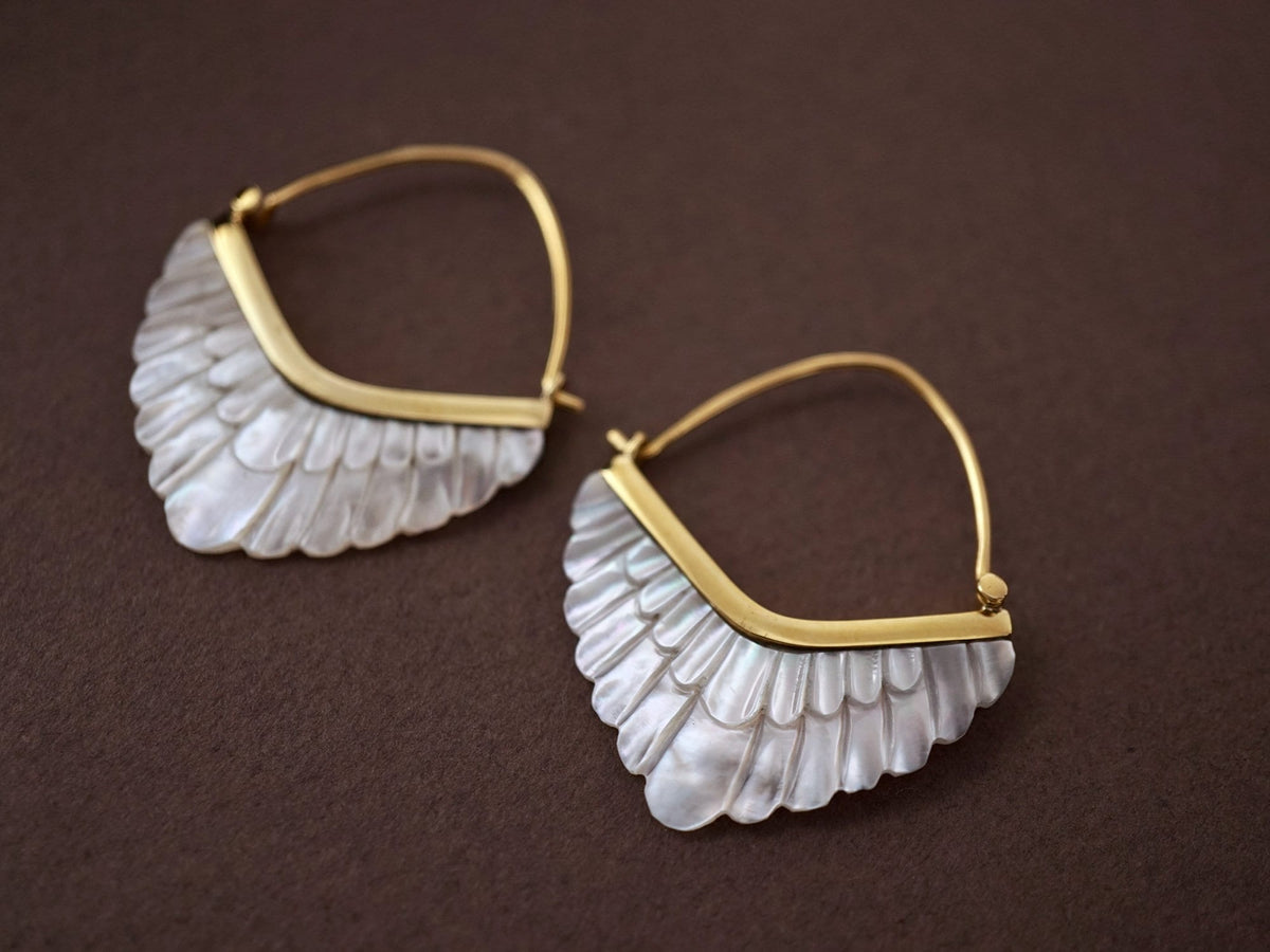 Feather Hoop Earrings - Mother of Pearl set in Gold-tone bezel (324B)