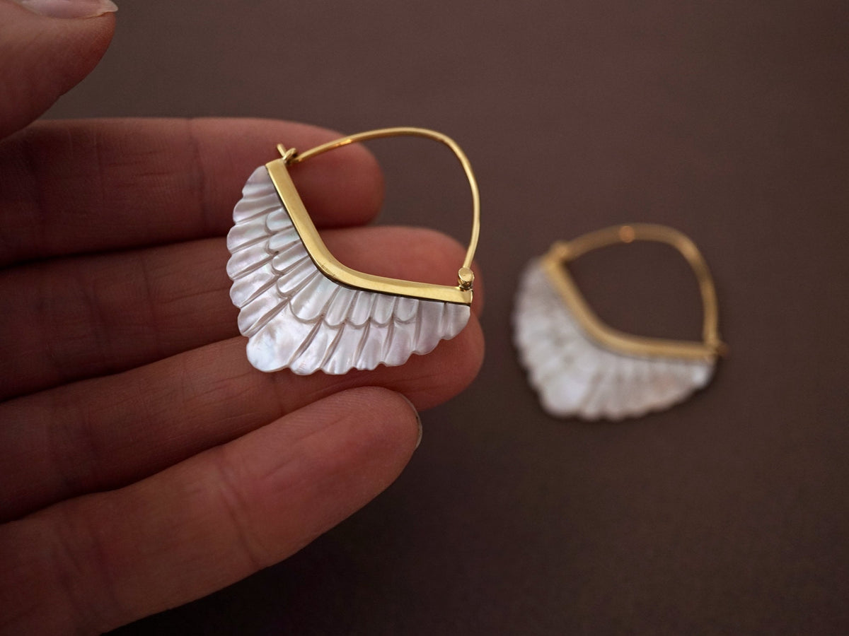 Feather Hoop Earrings - Mother of Pearl set in Gold-tone bezel (324B)