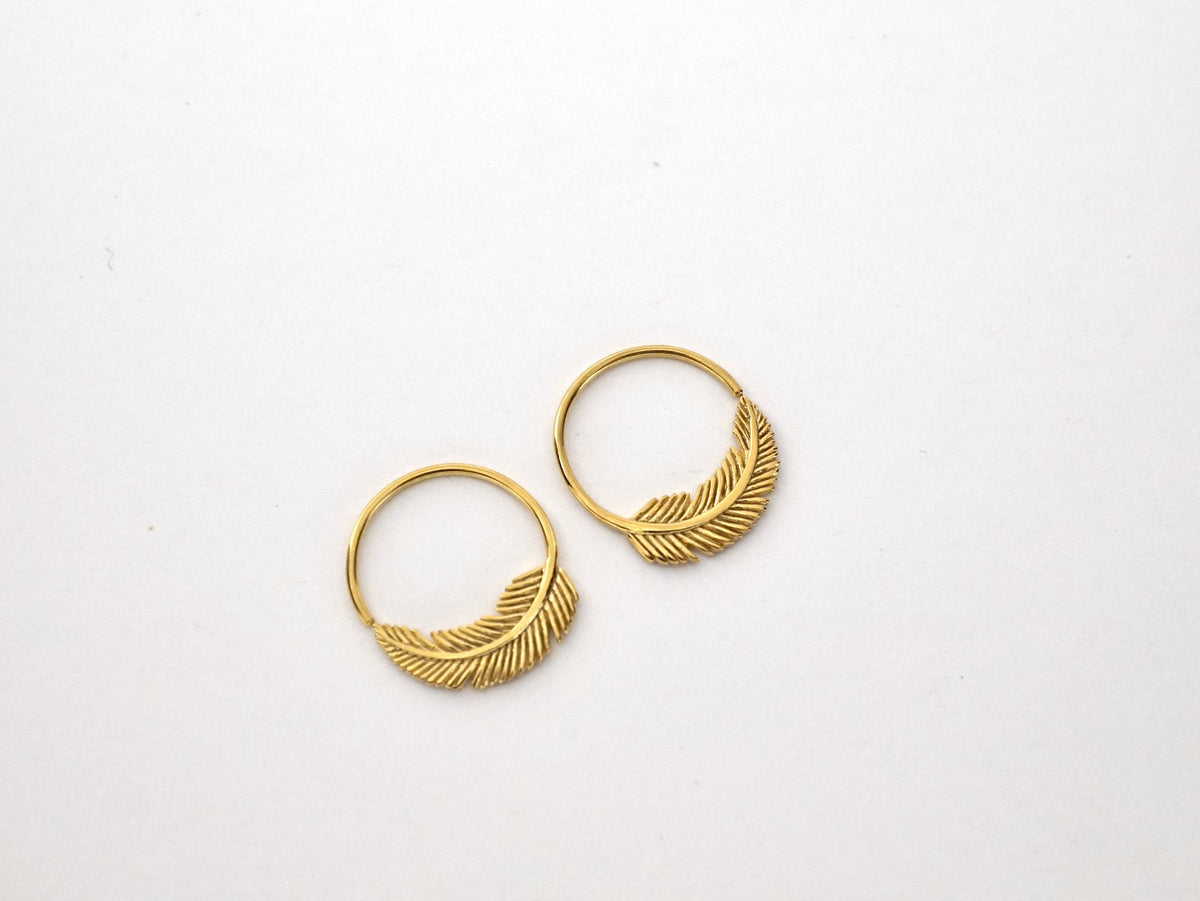 Tiny Gold Feather Hoops 14mm - cartilage, tragus, helix daith, earring (264GP)