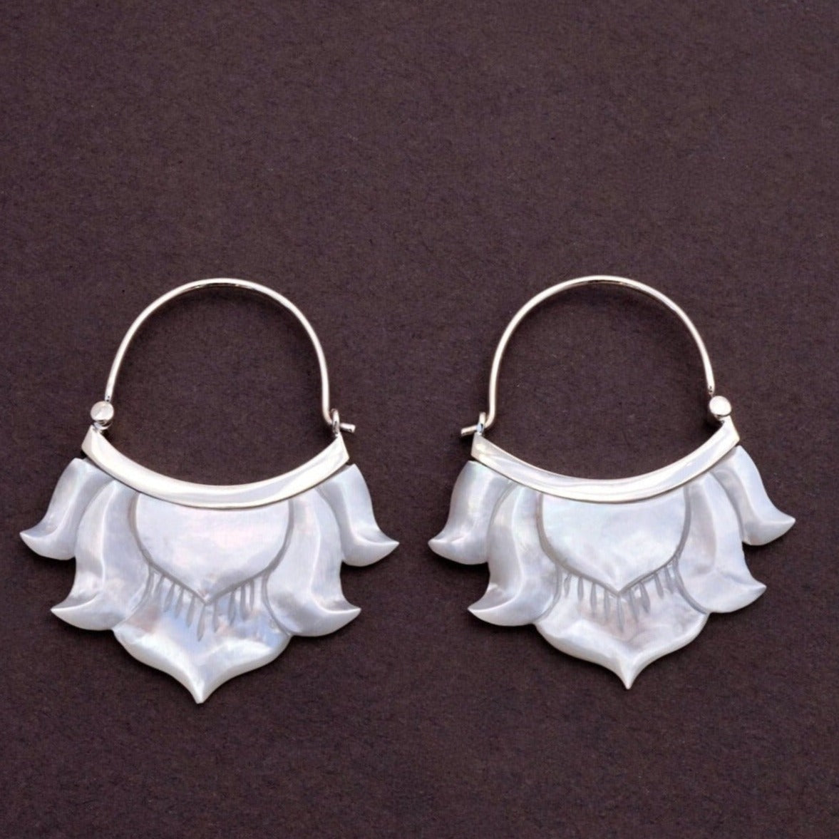 Lotus Flower Hoop Earrings - Mother of Pearl set in Sterling Silver(320S)