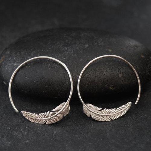 Feather hoop earrings silver hotsell