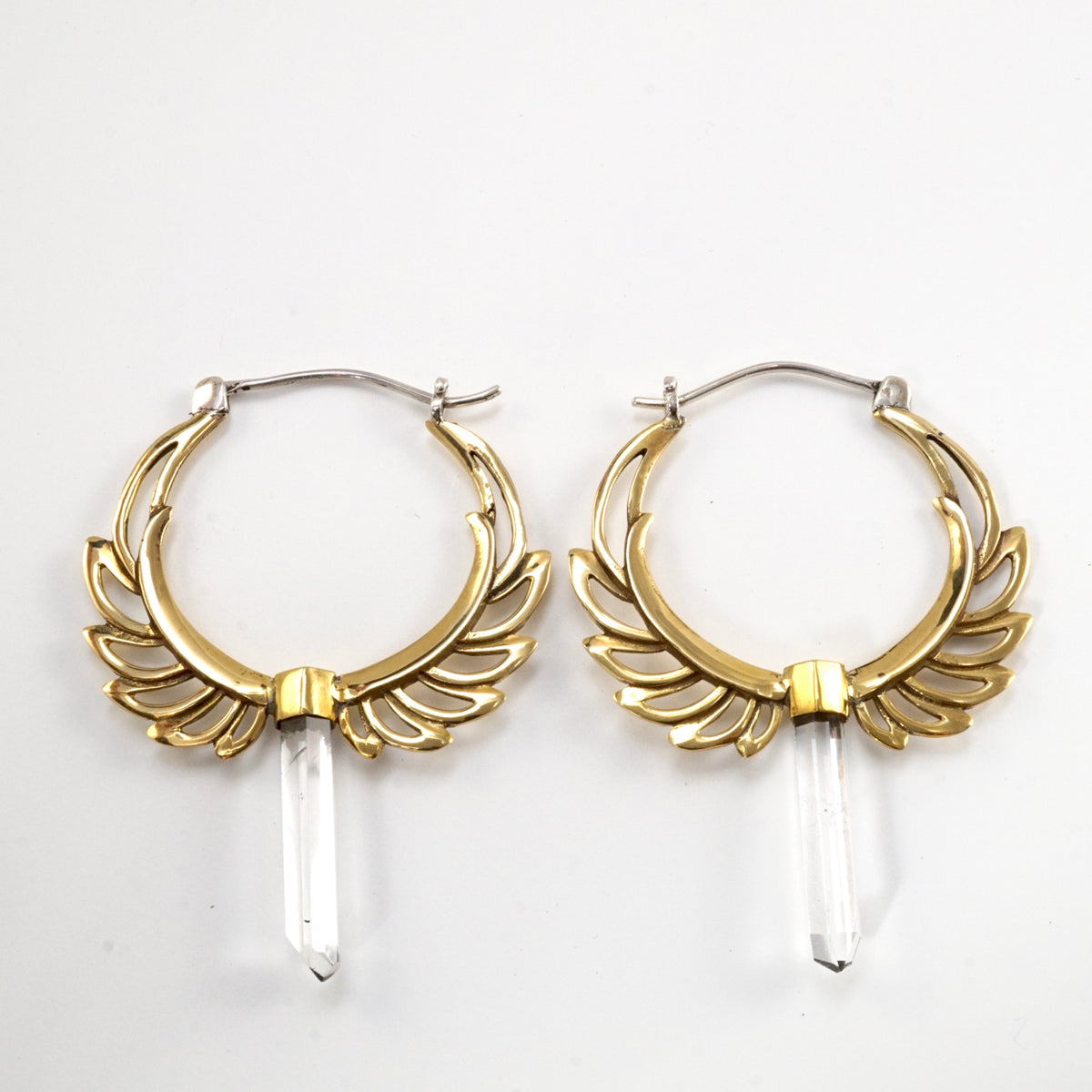 Feather Hoop Earrings - Clear Quartz Points - Boho Earrings - Moon Goddess Earrings - Angel Wing - Gift for a Goddess - Gift for Her (090B)