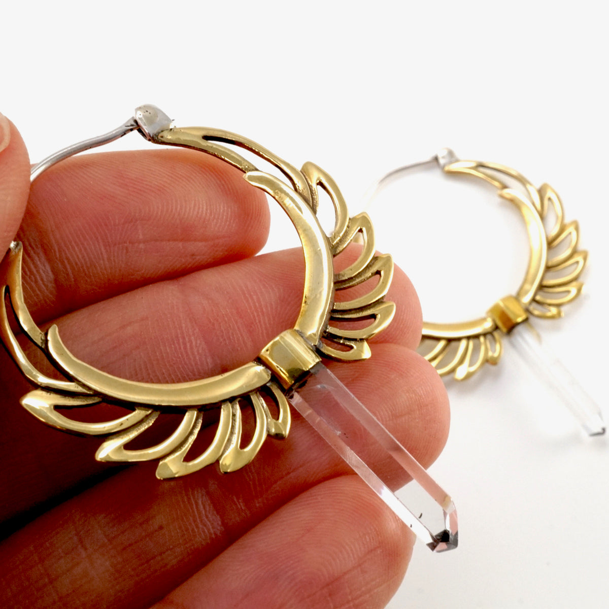 Feather Hoop Earrings - Clear Quartz Points - Boho Earrings - Moon Goddess Earrings - Angel Wing - Gift for a Goddess - Gift for Her (090B)