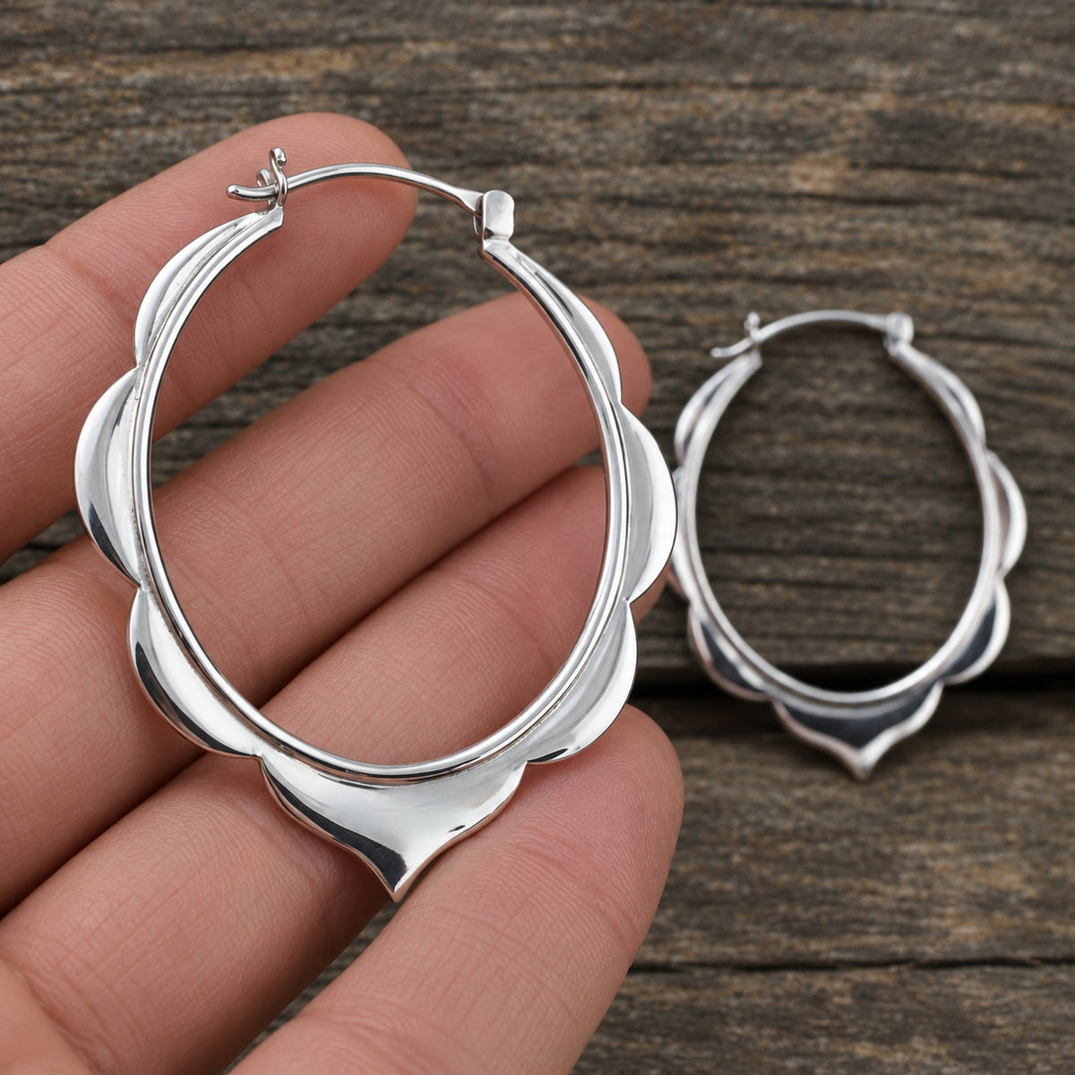 Sterling Silver Hoop Earrings • 2 Inch Moroccan Scallop Hoops • Statement Earrings (116)