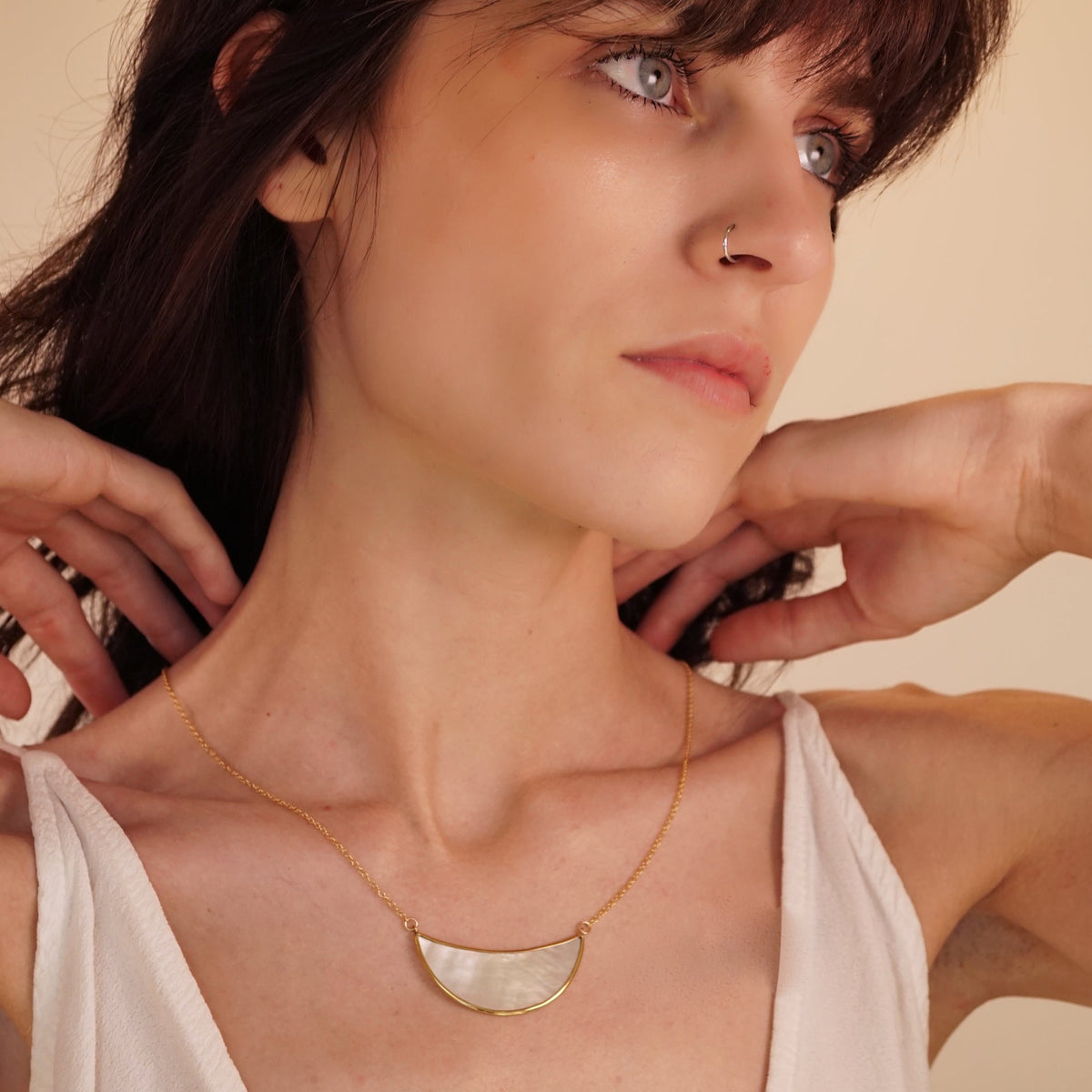 Large Mother of Pearl Crescent Moon Hoop Earrings and Pendant Set (167, 168)