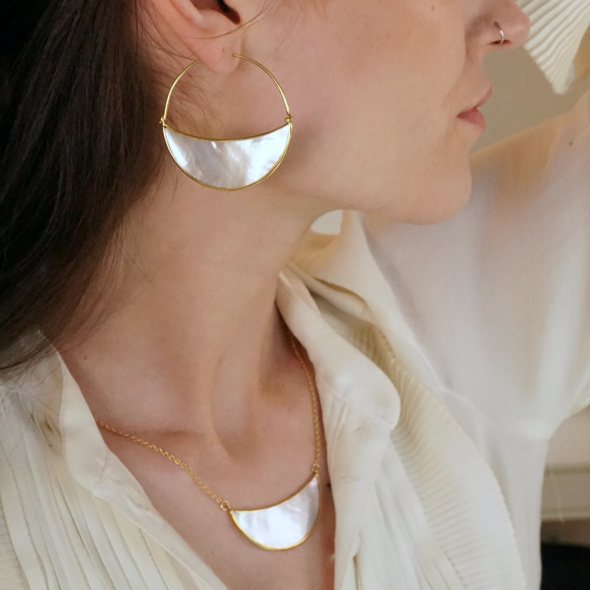 Large Mother of Pearl Crescent Moon Hoop Earrings and Pendant Set (167, 168)