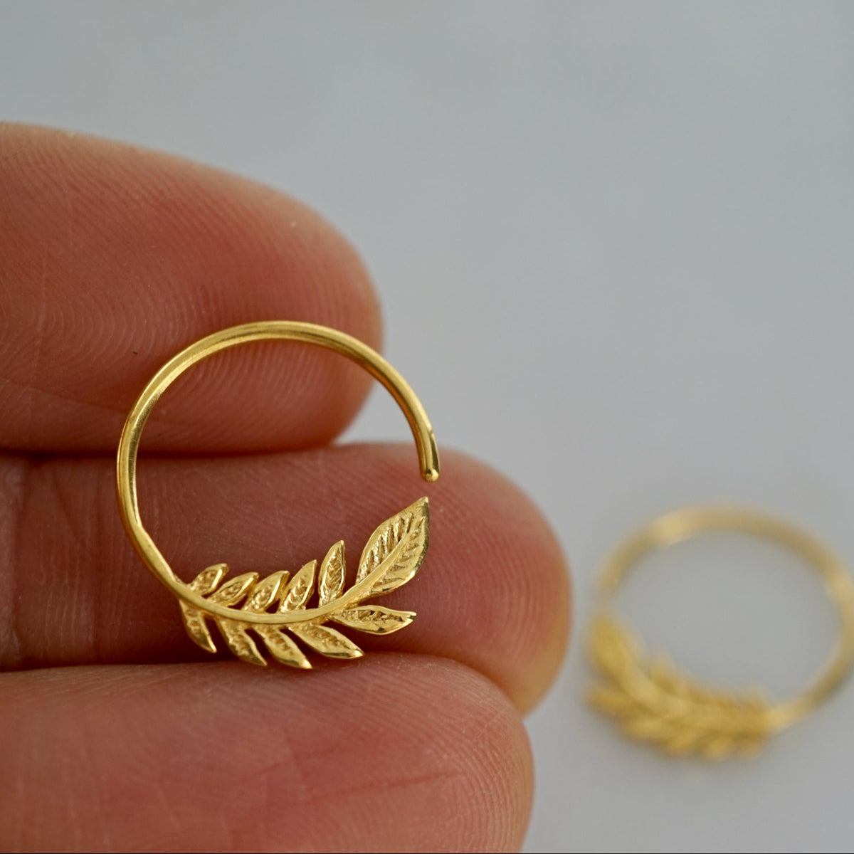 Tiny Leaf Hoop Earrings - Gold & Sterling Silver - 14mm Olive Leaf Sleeper Hoops  (232gV)