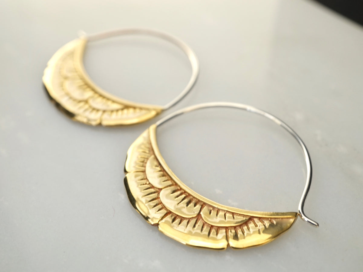 Medium Hoop Art Nouveau Gold Tone | Crescent Moon Flower Earrings (238B)
