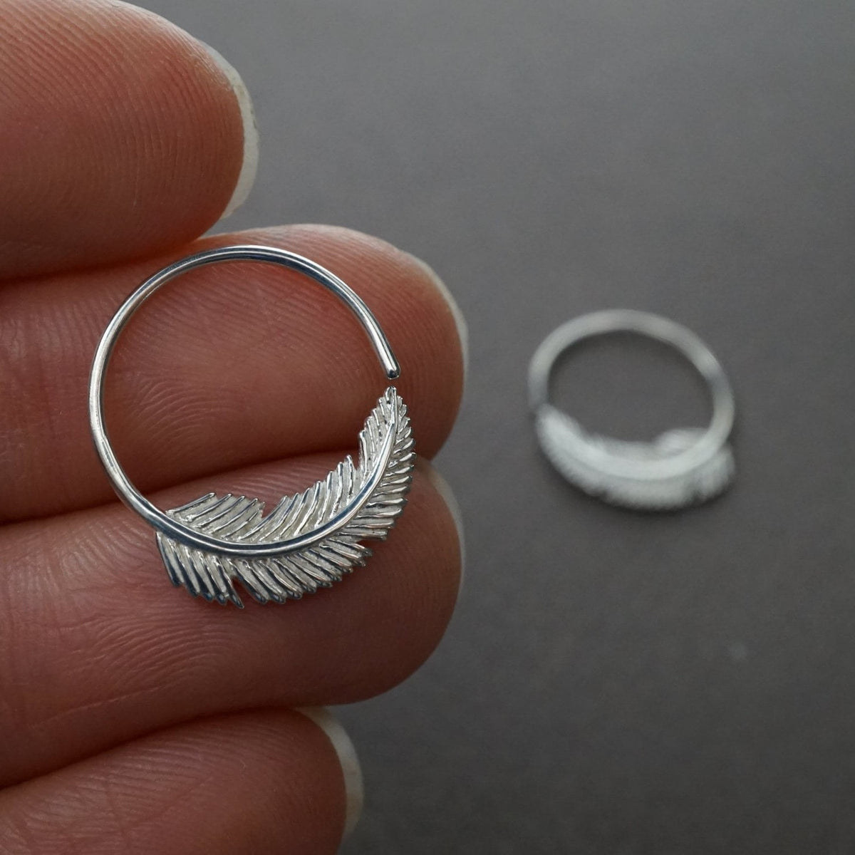 Tiny Silver Feather Hoop Earrings 14mm - Nature Jewelry - cartilage, tragus, helix daith, piercing (264S)