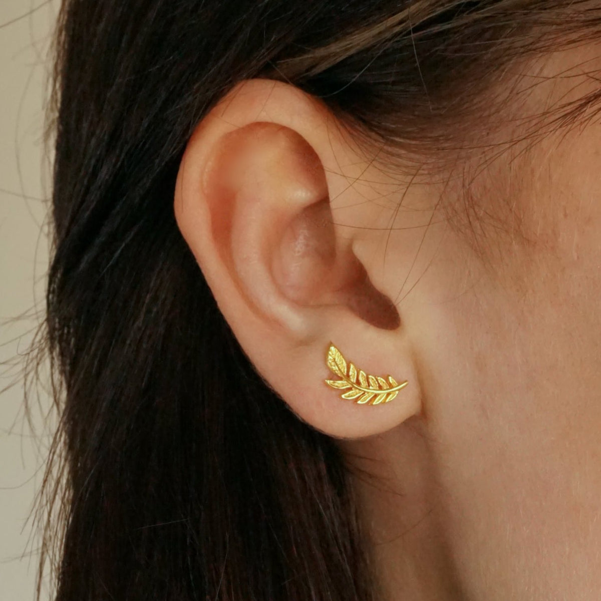 Tiny Gold Leaf Studs - Nature Jewelry - Olive Leaf Branch Earrings (266B)