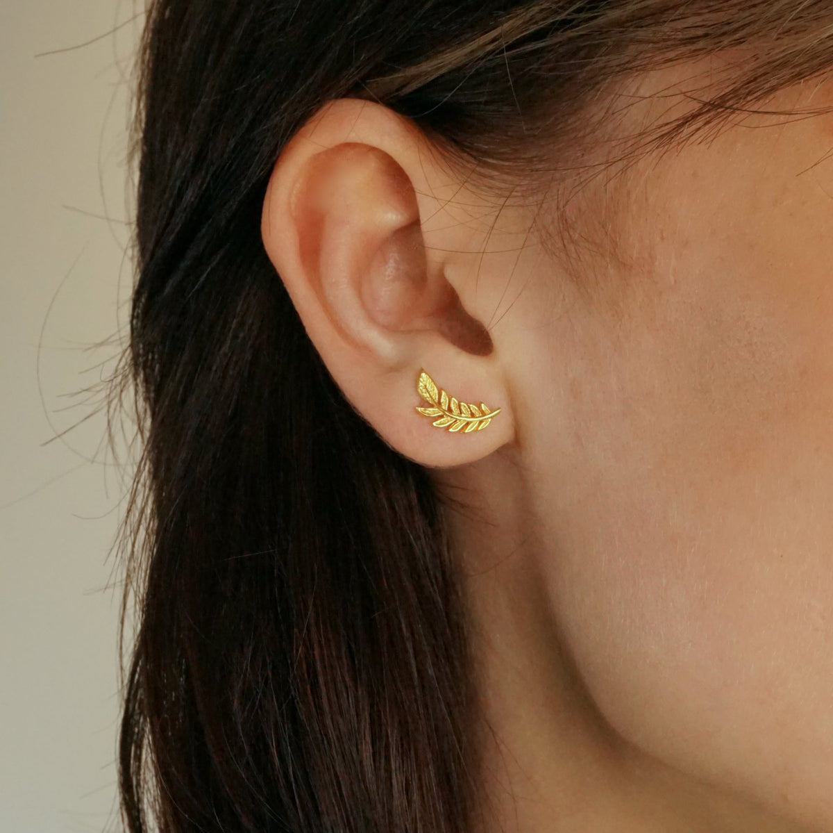 Tiny Gold Leaf Studs - Nature Jewelry - Olive Leaf Branch Earrings (266B)