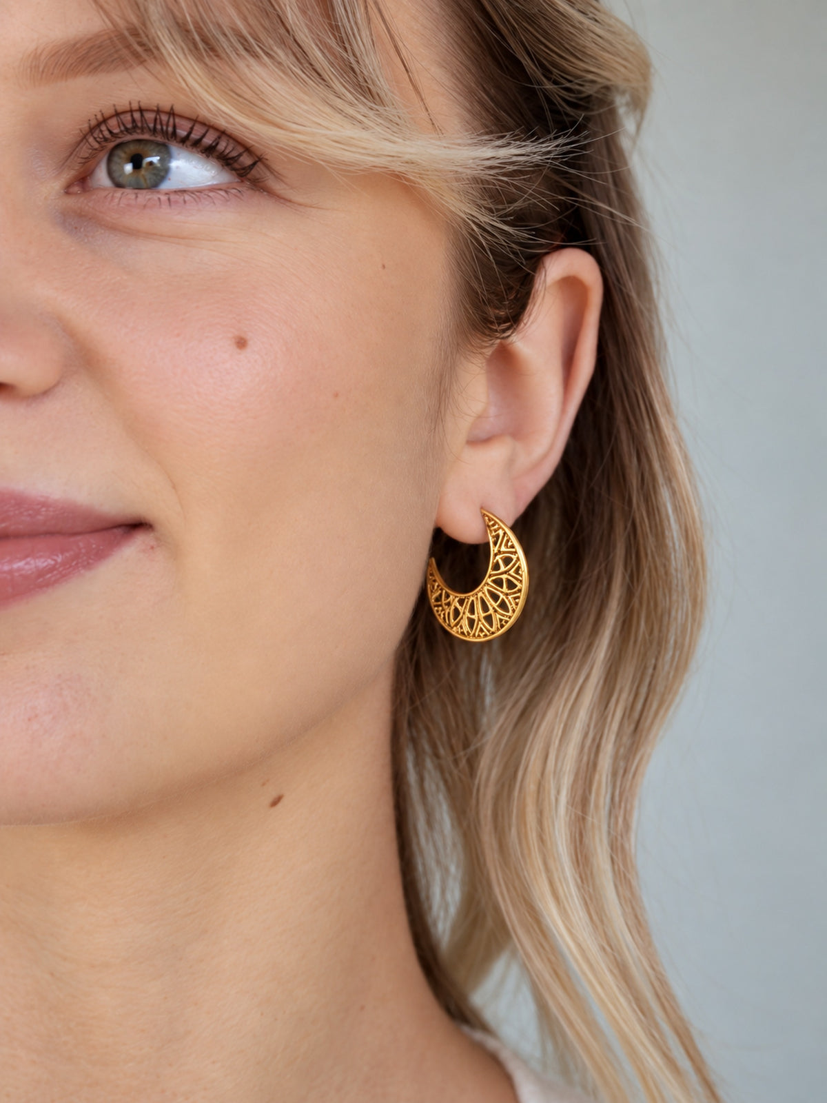 Half Moon Mandala Hoops Earrings Small - Solid Sterling Silver (302S)