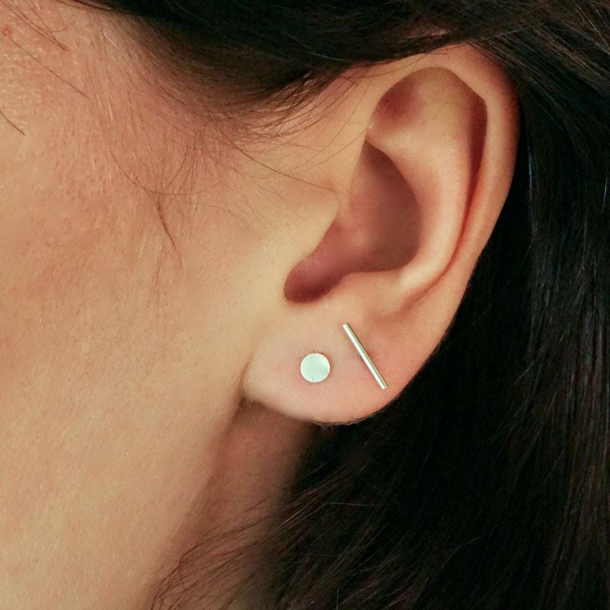 Disc + Dash Studs Earrings- 14k Gold Fill Circle Stud - Sterling Silver Minimalist Double Piercing