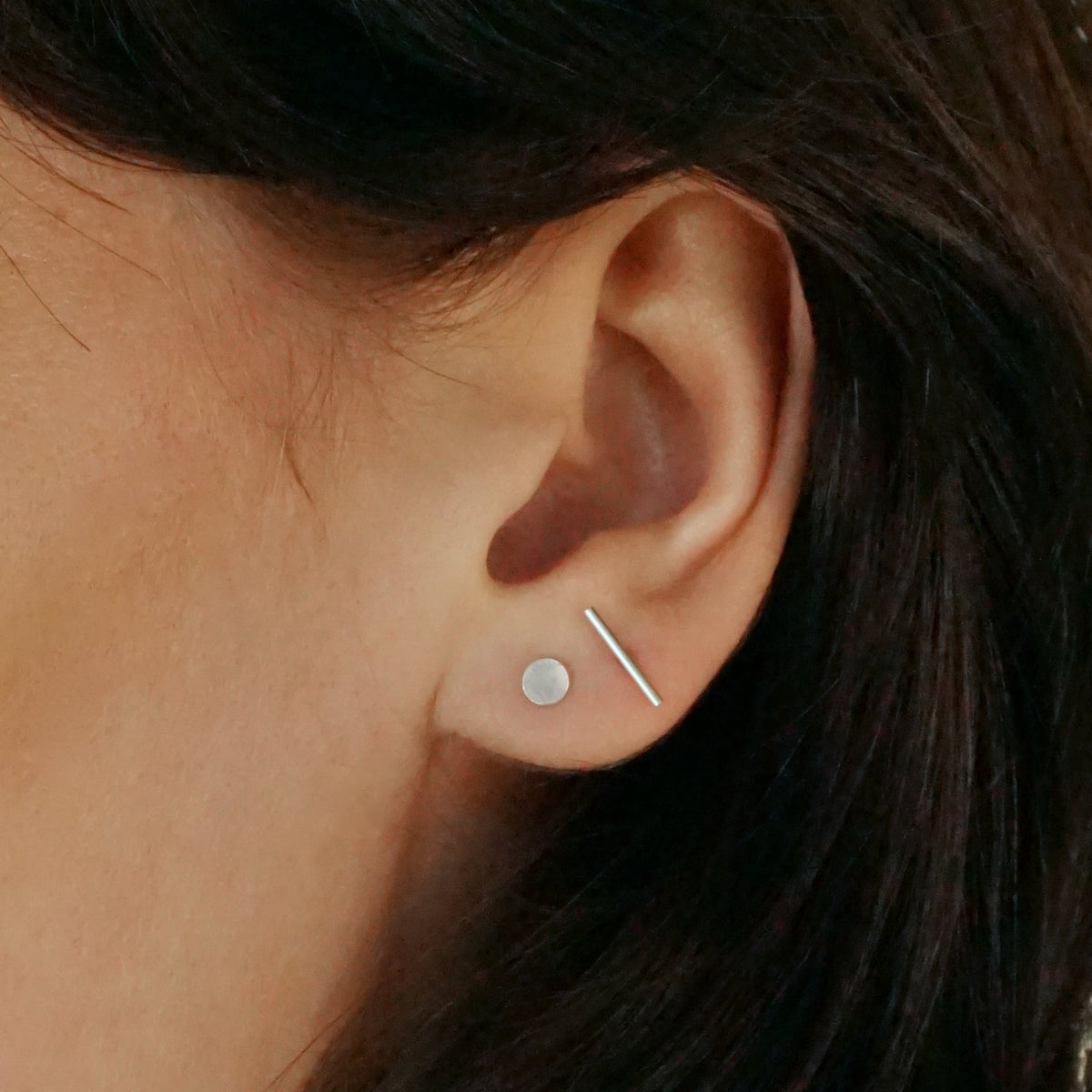 Disc + Dash Studs Earrings- 14k Gold Fill Circle Stud - Sterling Silver Minimalist Double Piercing