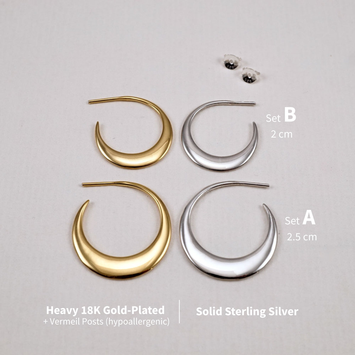 Crescent Moon Hoop Earrings Set – Double Piercing, Sterling Silver or Gold
