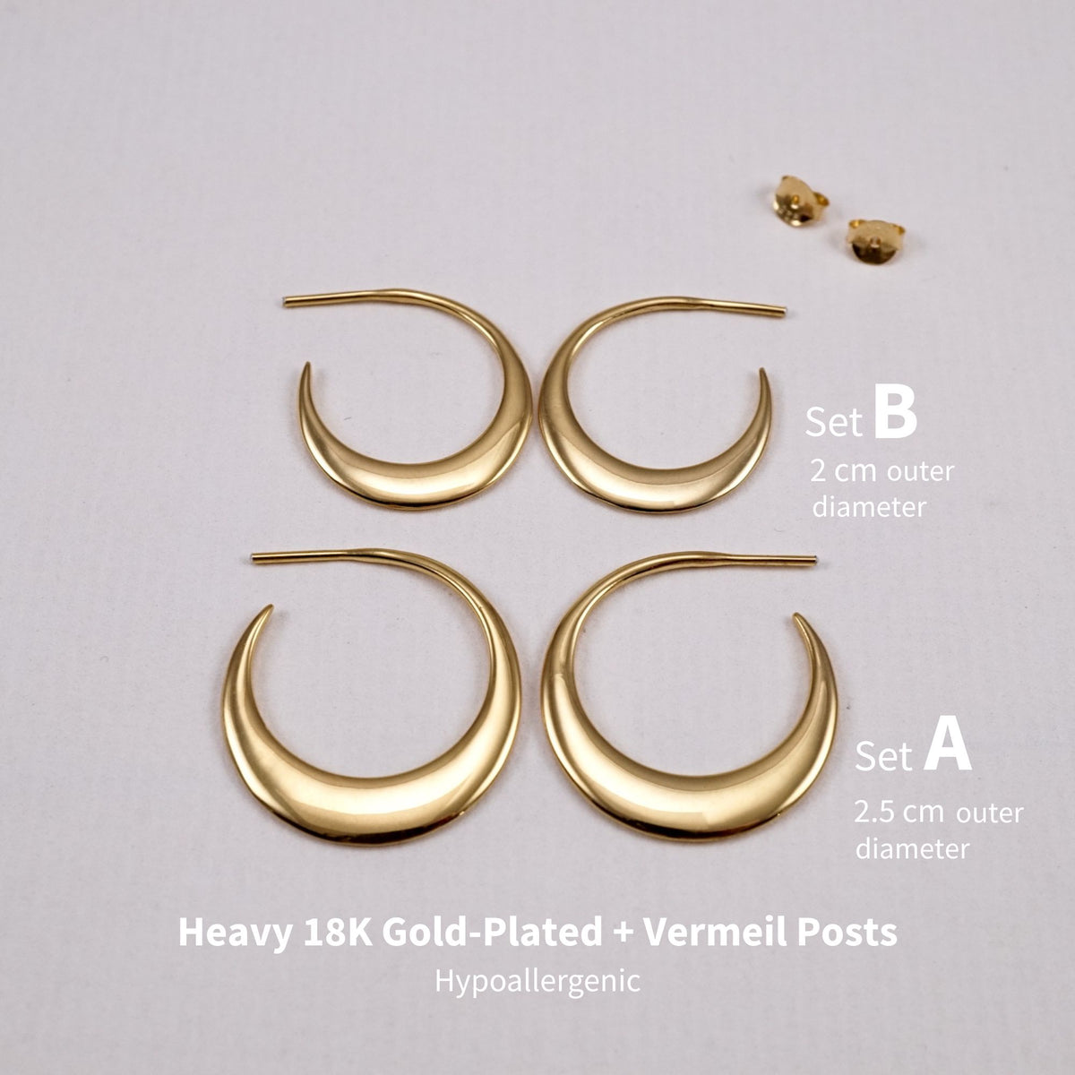 Crescent Moon Hoop Earrings Set – Double Piercing, Sterling Silver or Gold