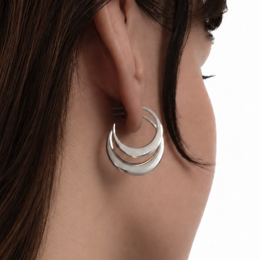 Crescent Moon Hoop Earrings Set – Double Piercing, Sterling Silver or Gold (340S)