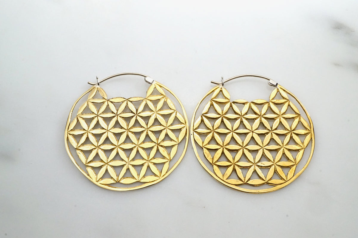 Gold Hoop Earrings - Sacred Geometry Earrings - Flower of Life Jewelry - Mandala Earrings - Boho Hoops (078B)