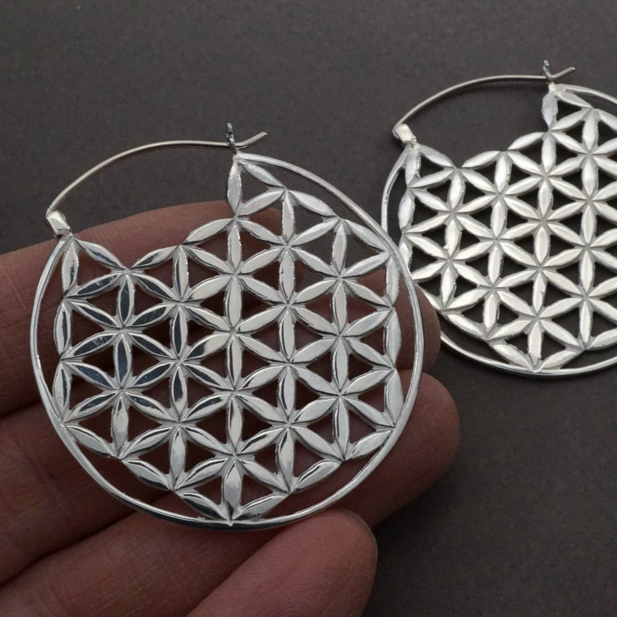 Flower of Life Earrings - Sacred Geometry Boho Hoops - solid sterling  silver