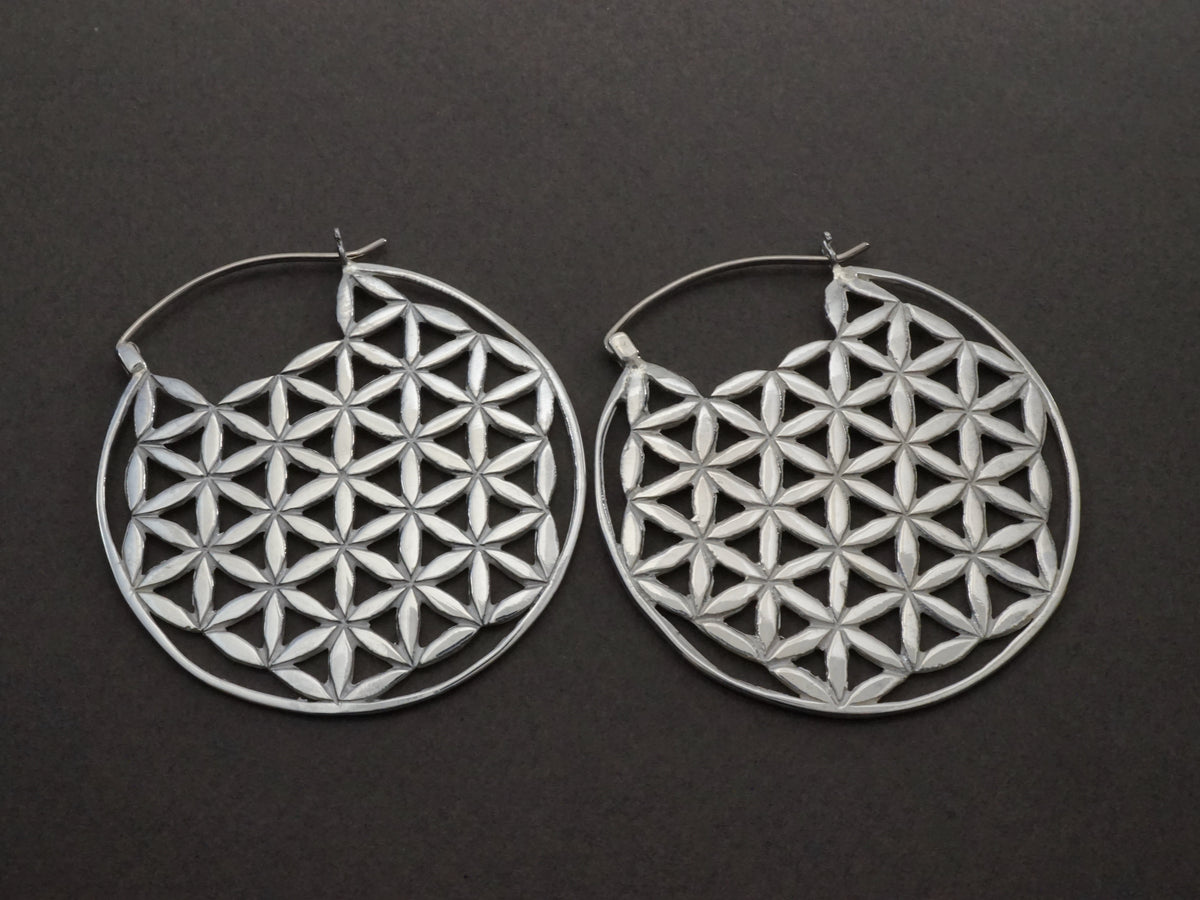 Flower of Life Earrings - Sacred Geometry Boho Hoops - solid sterling  silver