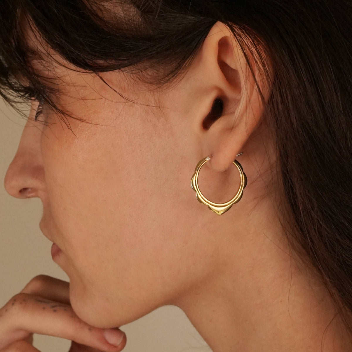 Small Hoops - Moroccan Scalloped Earrings - Gold-tone hoops (242B)