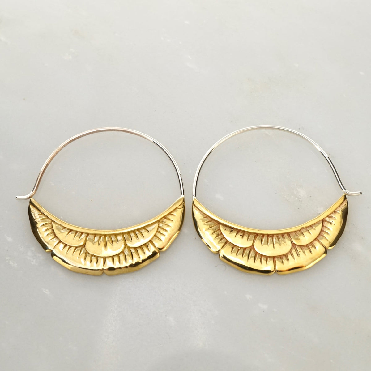 Sterling Silver Hoops • Crescent moon flower Earrings • Medium Statement Earrings (238)
