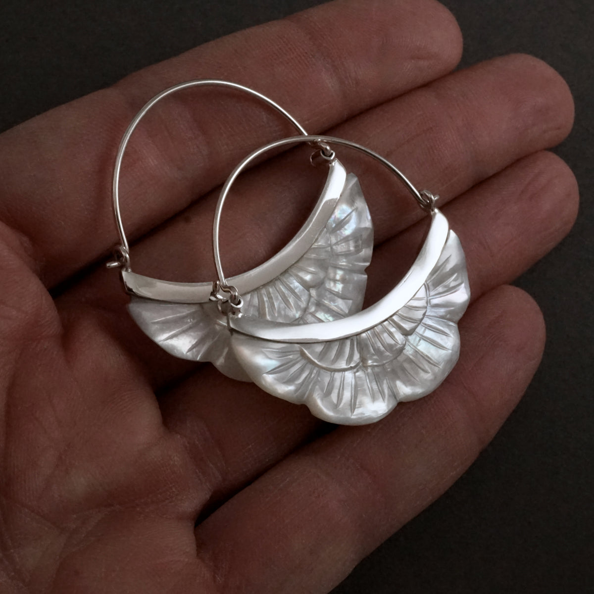 Mother of Pearl Moon Earrings - Crescent Moon Flower - Mother of pearl with Gold-tone bezel (b222)