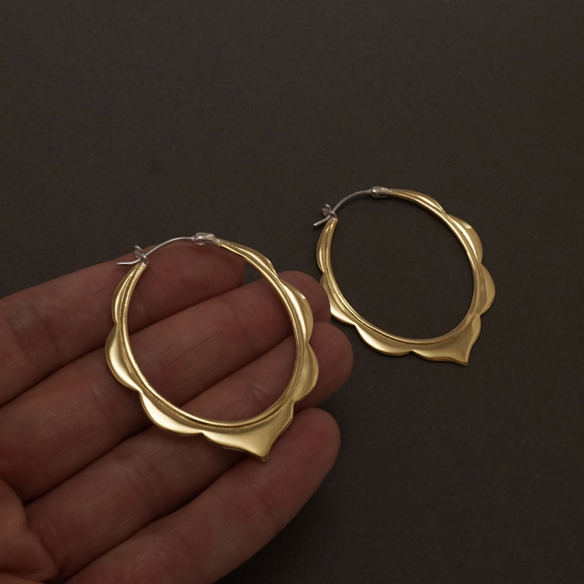Large Moroccan Scallop Hoop Earrings • 2 Inch Gold Brass Boho Statement Jewelry (116)