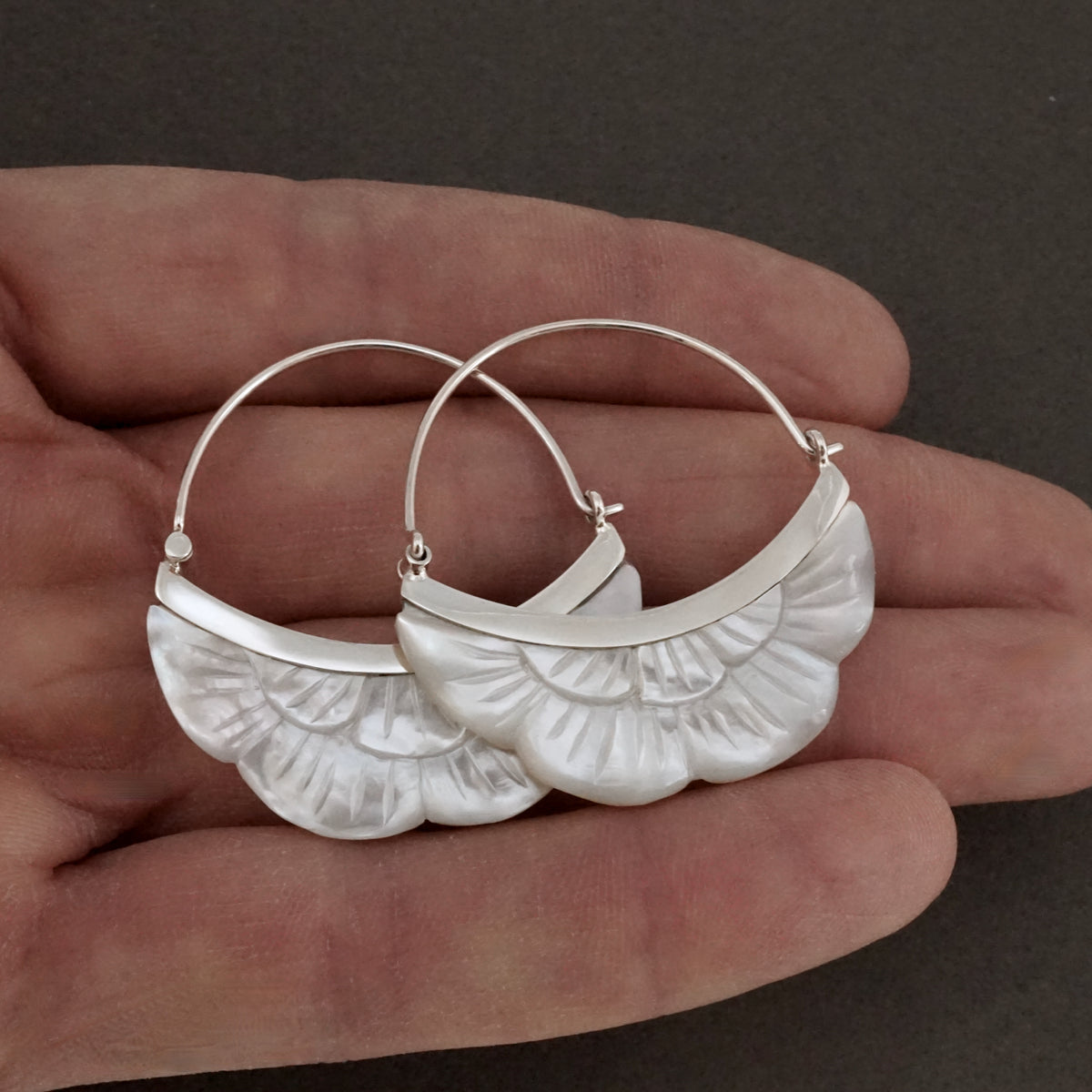 Mother of Pearl Moon Earrings - Crescent Moon Flower - Mother of pearl with Gold-tone bezel (b222)
