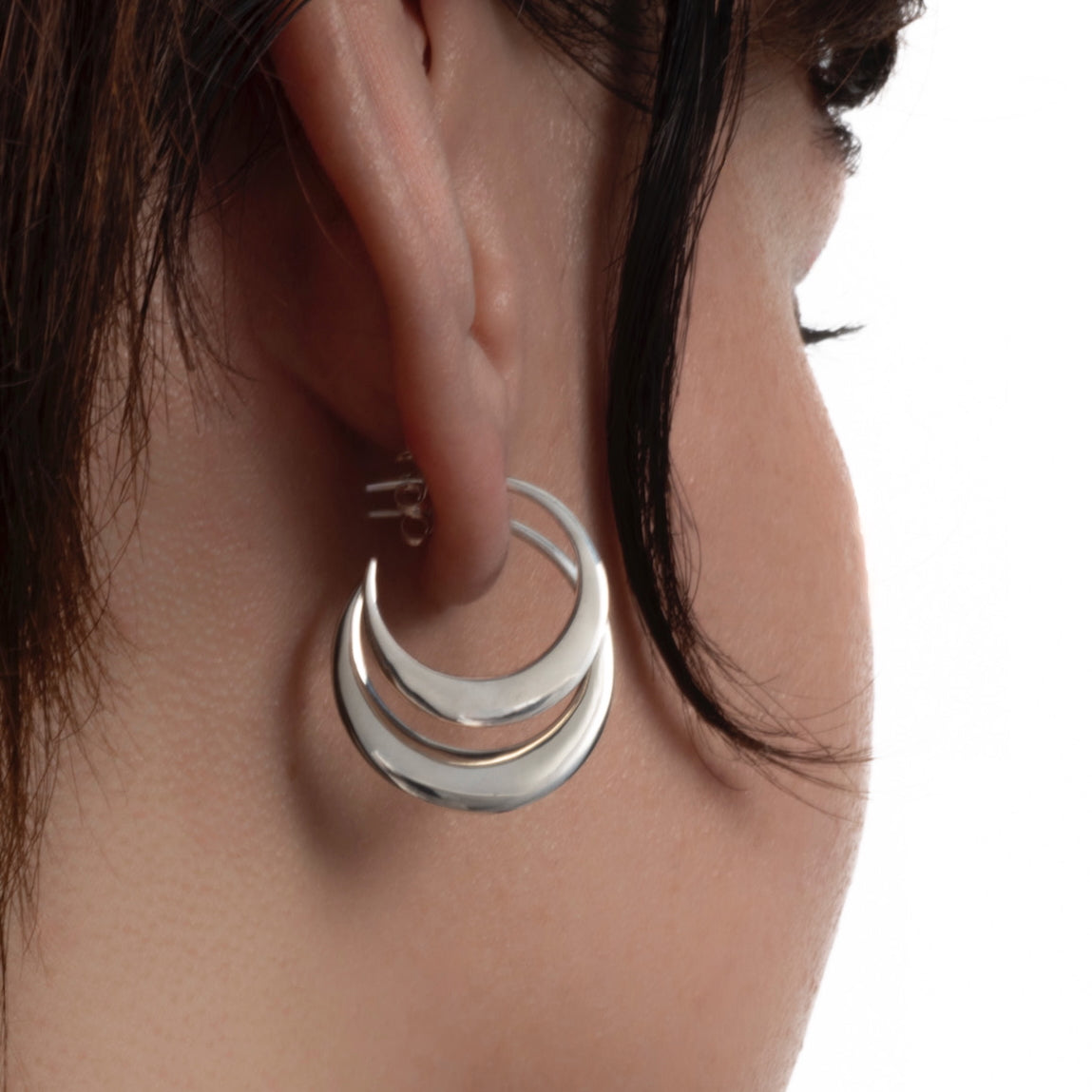 Crescent Moon Hoop Earrings Set – Double Piercing, Sterling Silver or Gold
