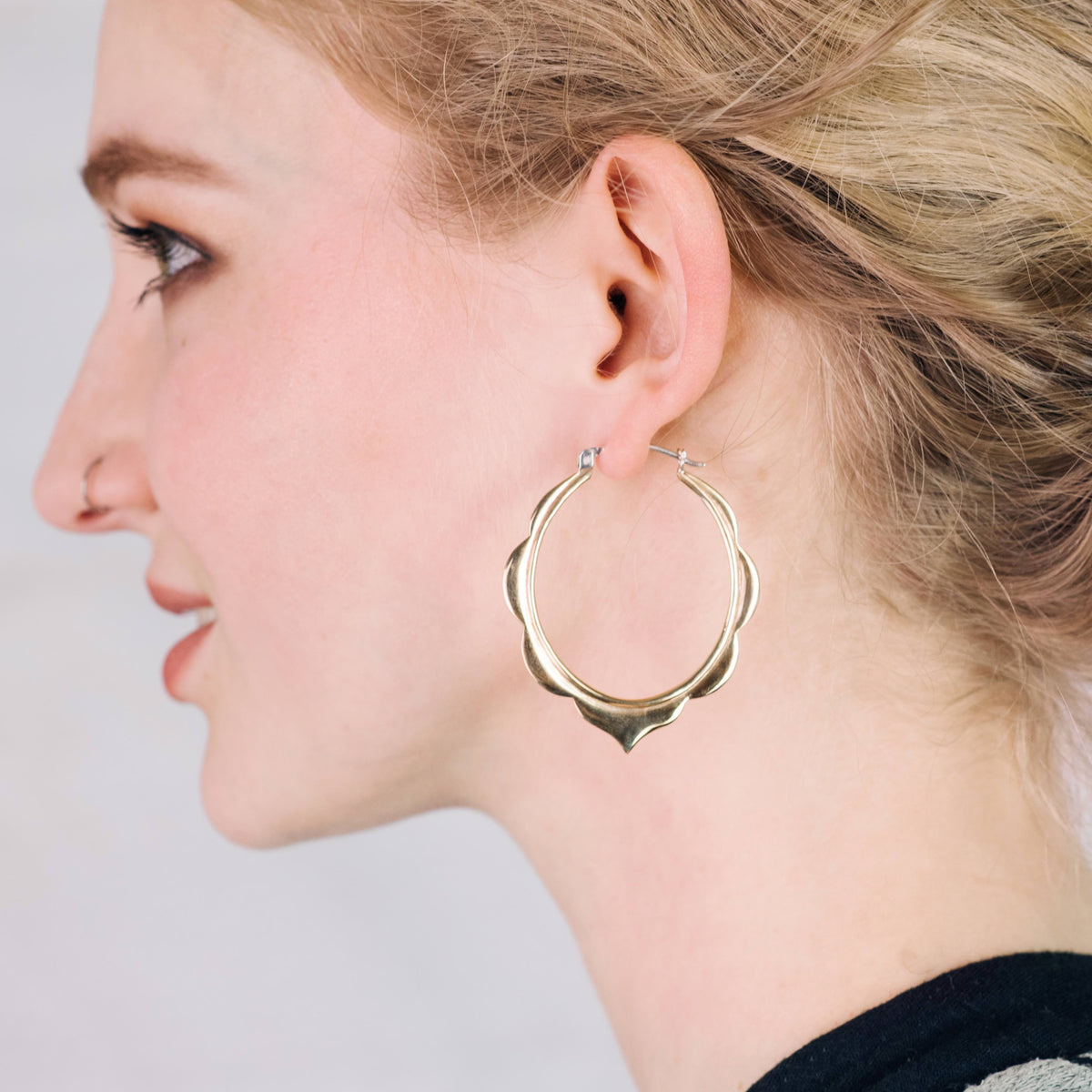 Large Moroccan Scallop Hoop Earrings • 2 Inch Gold Brass Boho Statement Jewelry (116)