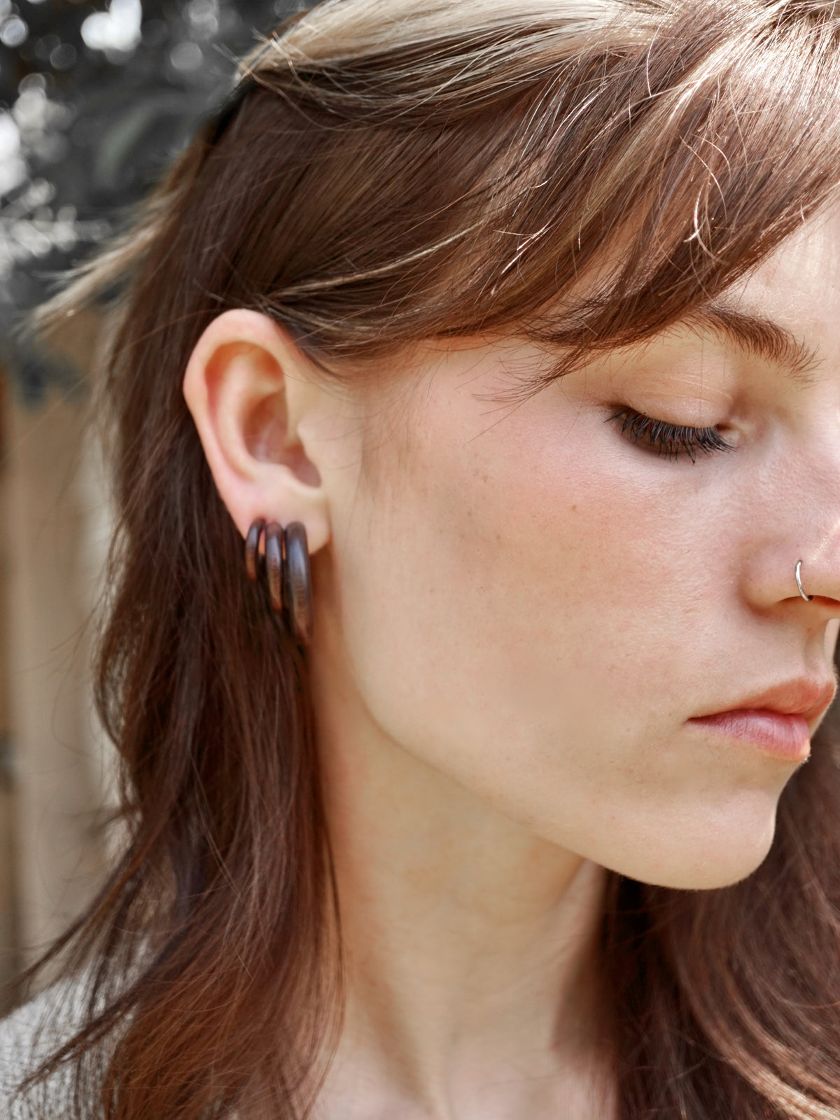 Wood Hoops + Sterling Silver Posts- Triple Set  (332)