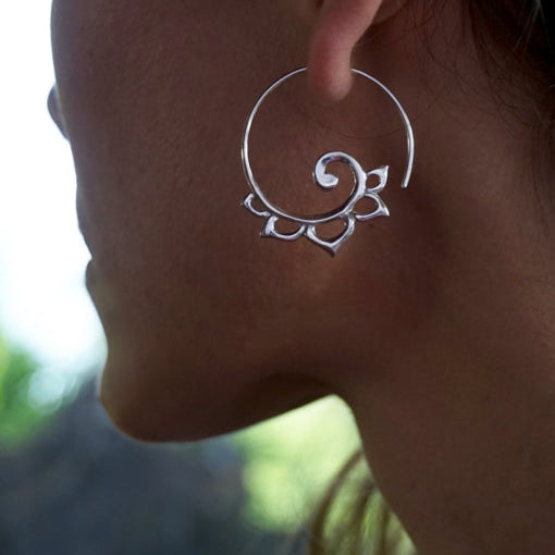 Lotus Spiral Earrings - Gold Flower Hoops Medium