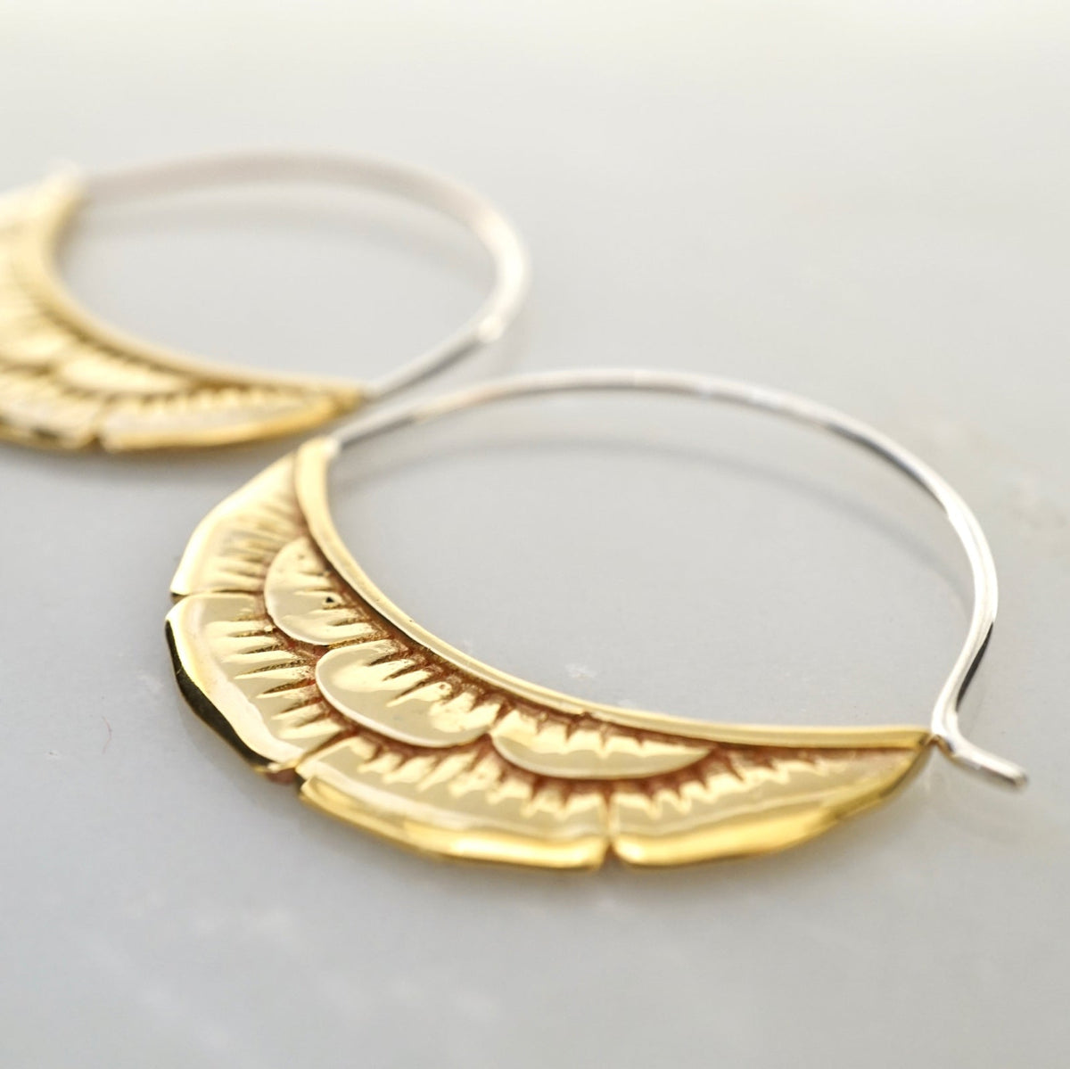 Sterling Silver Hoops • Crescent moon flower Earrings • Medium Statement Earrings (238)