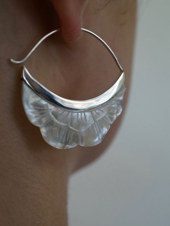 Crescent Moon Flower Hoop Earrings - Mother of pearl with Sterling Silver Bezel (s222)