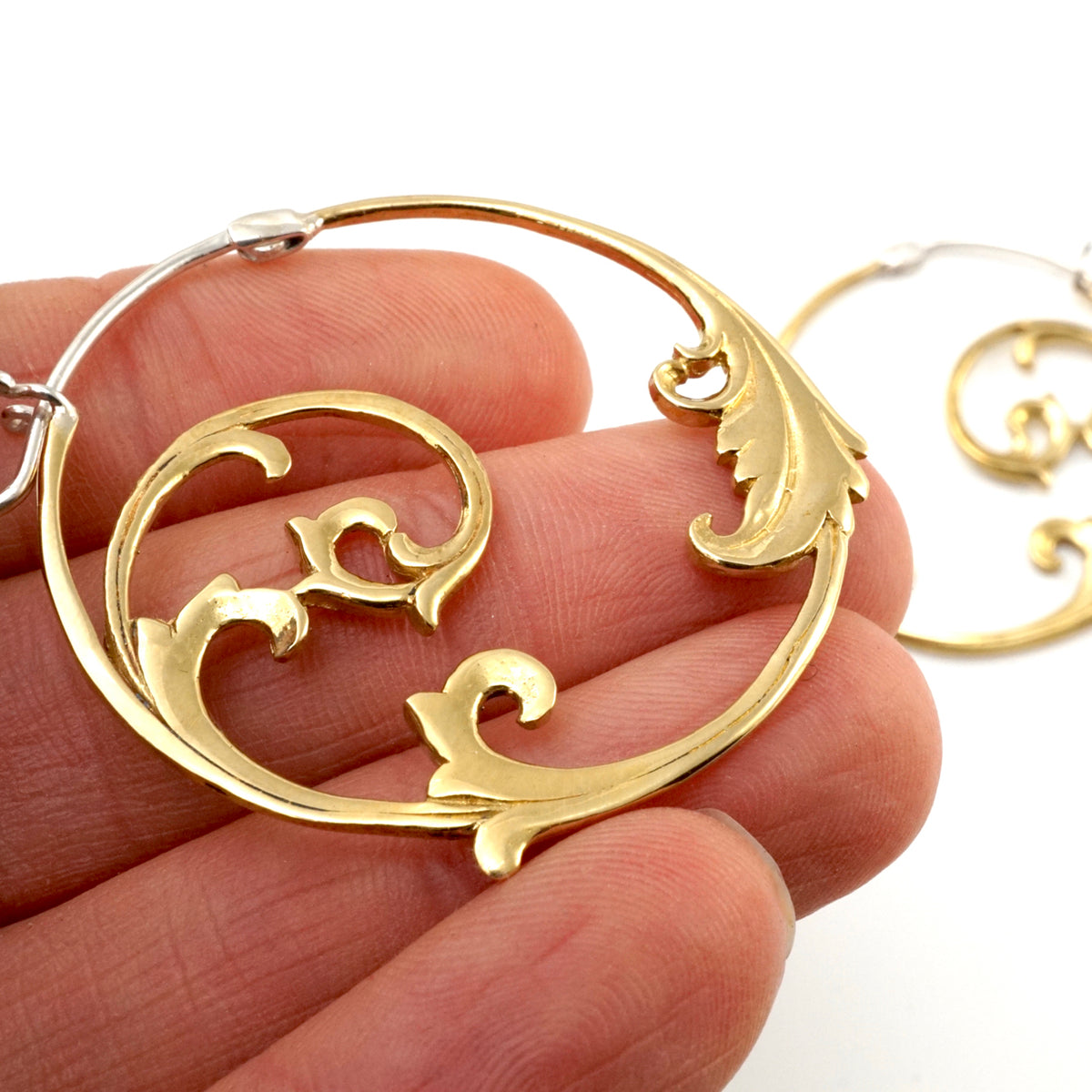Large Hoop Earrings - Solid Sterling Silver | Gold-tone - Floral Vine Art Nouveau Leaf hoops (S98)
