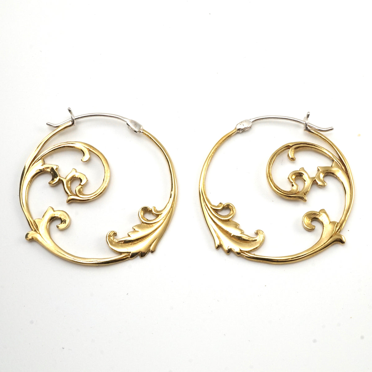Large Hoop Earrings - Solid Sterling Silver | Gold-tone - Floral Vine Art Nouveau Leaf hoops (S98)