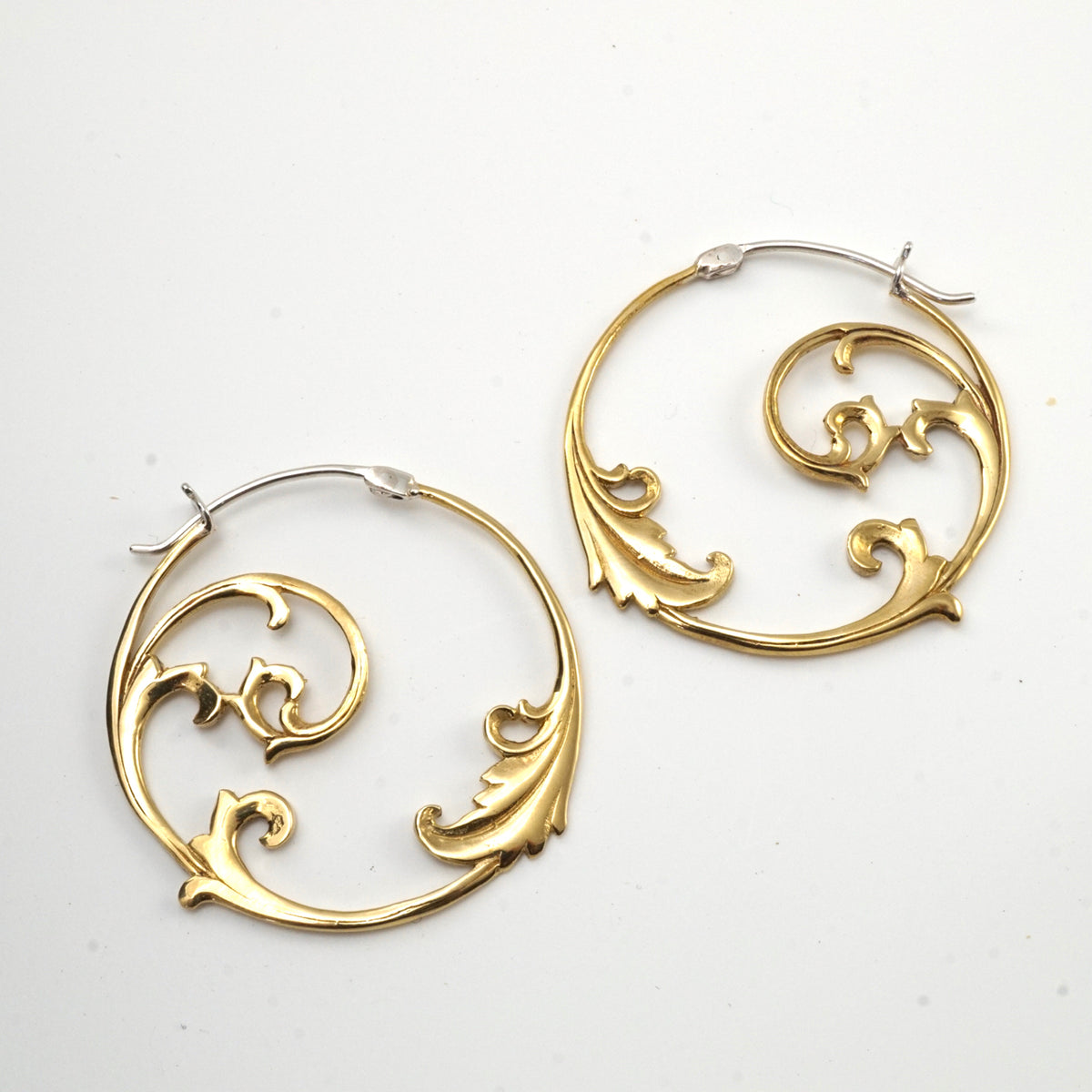 Large Hoop Earrings - Solid Sterling Silver | Gold-tone - Floral Vine Art Nouveau Leaf hoops (S98)