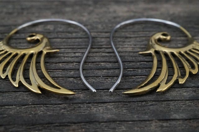 Feather Angel Wing Earrings - Tribal Hoop Earrings - Festival Feathers - Inspirational Gift (055B)