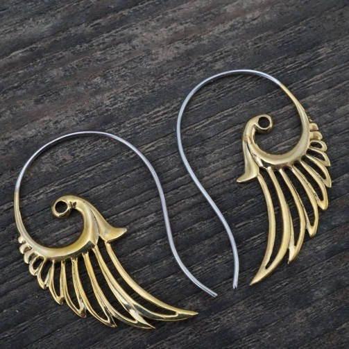 Feather Angel Wing Earrings - Tribal Hoop Earrings - Festival Feathers - Inspirational Gift (055B)