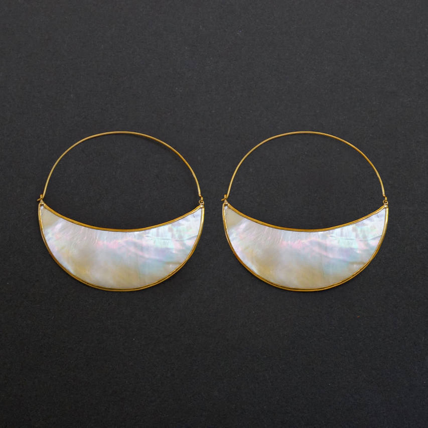 Crescent Moon Earrings - Mother Of Pearl Hoops - Eclipse Statement earrings - Lunette (167B)