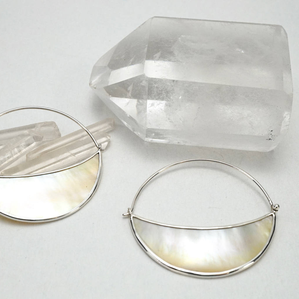 Silver Mother of Pearl Moon Earrings - Crescent moon hoop - Sterling Silver - Lunette Hoop