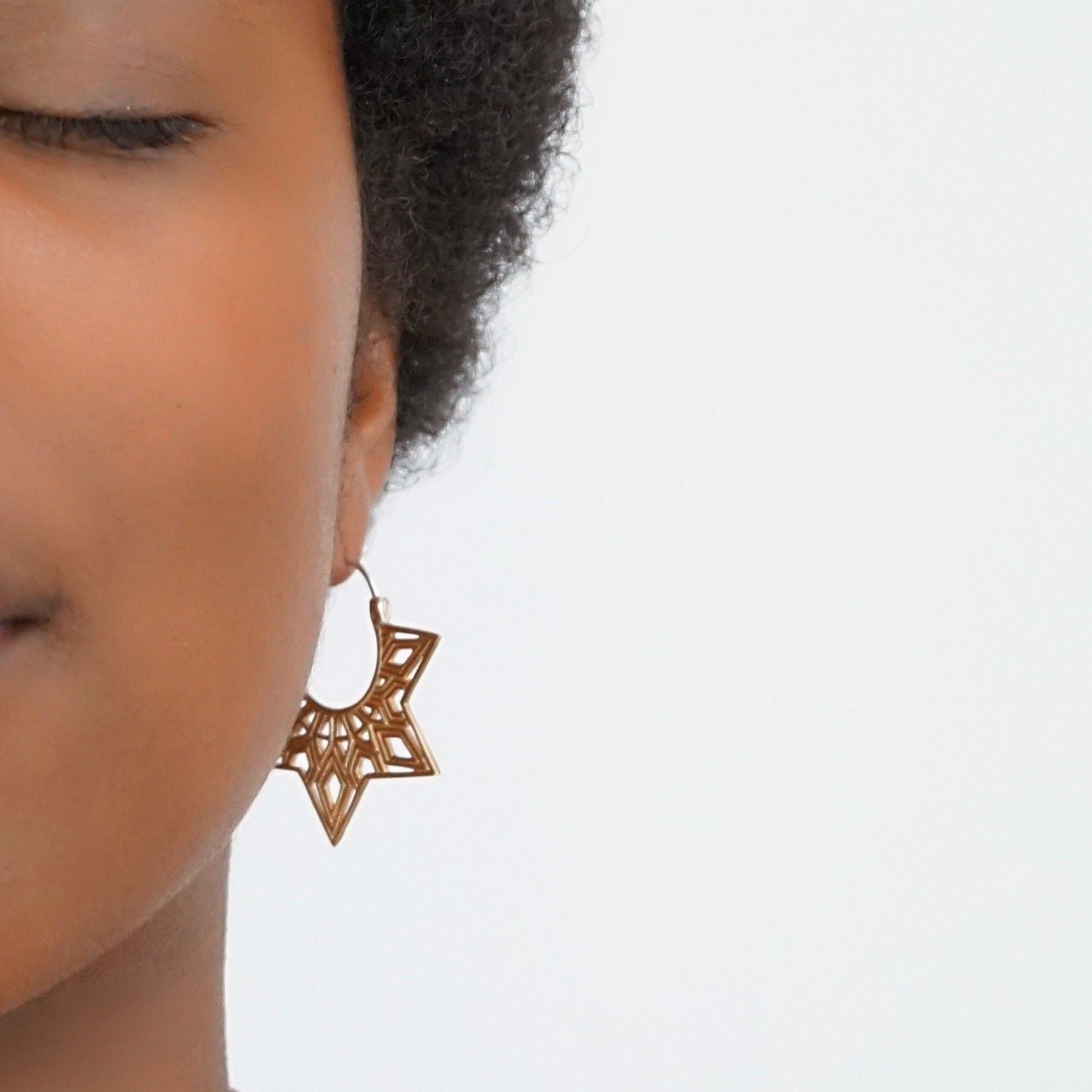 Mandala Statement Earrings - Medium Hoops - Gold Star Tunnel Earrings - Boho Hoops (244B)