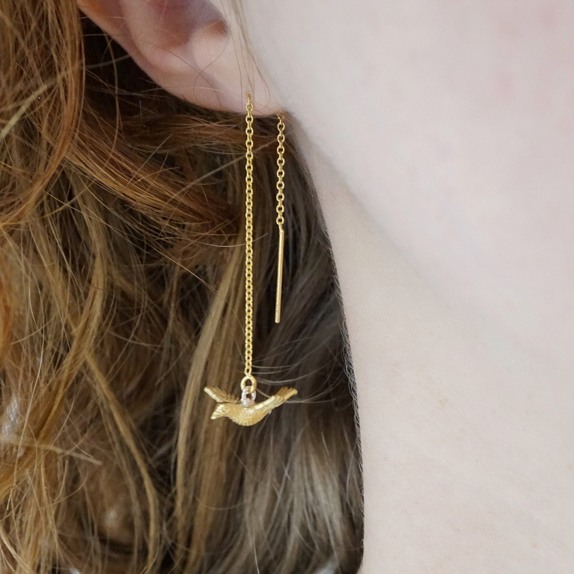 14K Gold Filled Threader Bird Earrings